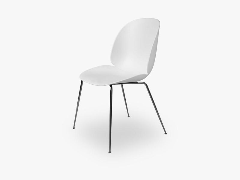 Beetle Dining Chair - Un-upholstered Conic Black Chrome base, White shell