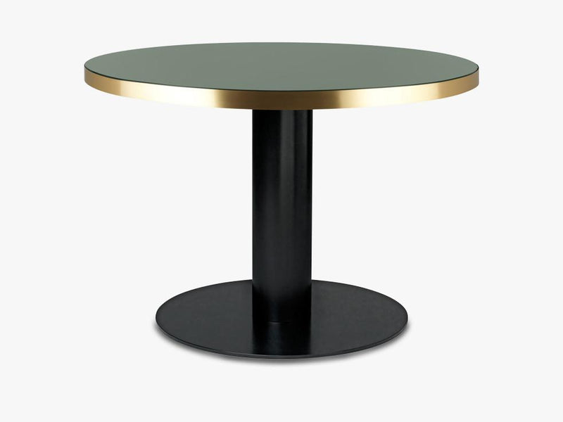 GUBI 2.0 Dining Table - Round - Dia 110 Brass Base, Glass Bottle Green Top