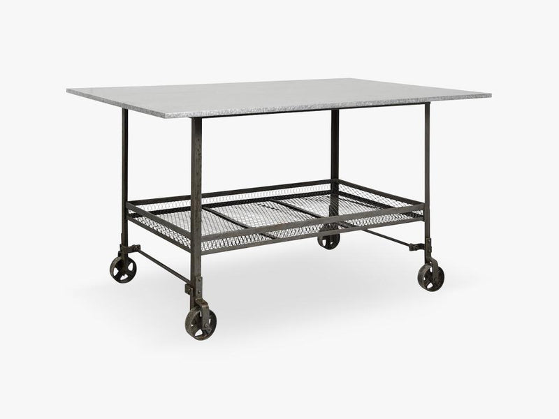 INDUSTRIAL table w/wheels, iron raw