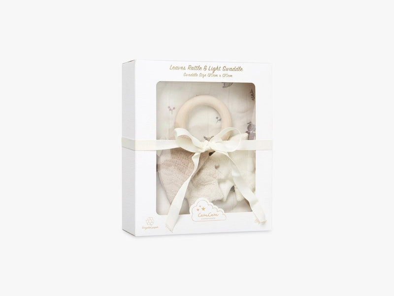 Gift Box w/ Printed Swaddle and Leaves Rattle, Fawn