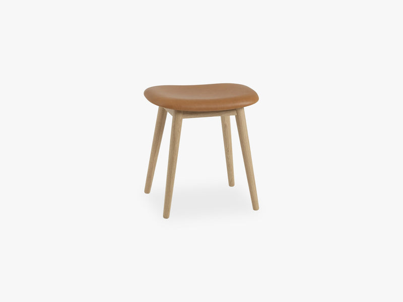 Fiber Stool - Wood Base H: 45 Cm, Silk Leather - Cognac/Oak