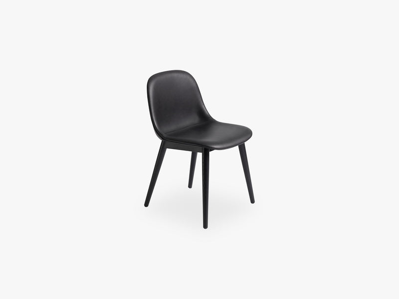 Fiber Side Chair - Wood Base - Leather Shell, Silk Leather - Black/Black