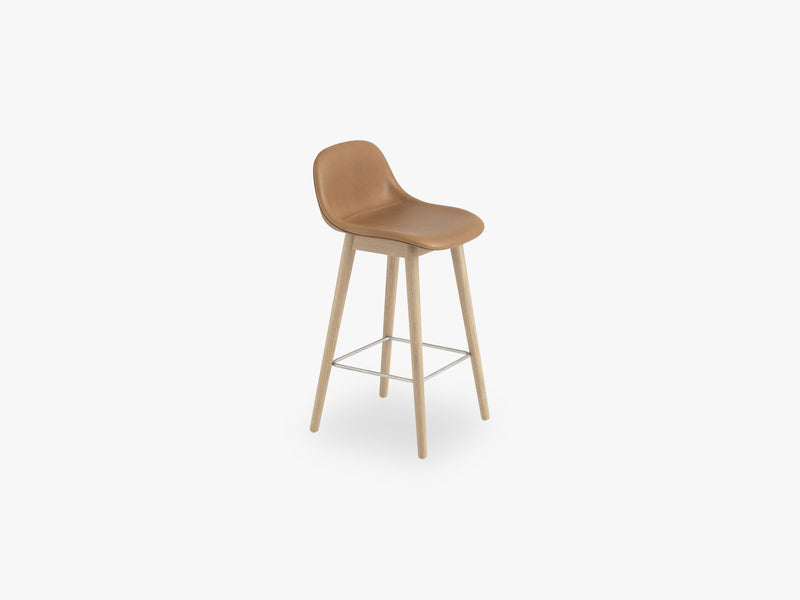 Fiber Bar Stool W Backrest - Wood Base H: 65 Cm, Silk Leather - Cognac/Oak