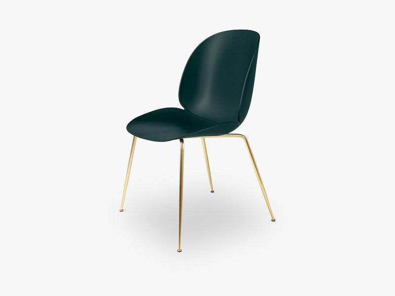 Beetle Dining Chair - Un-upholstered Conic Brass base, Green shell