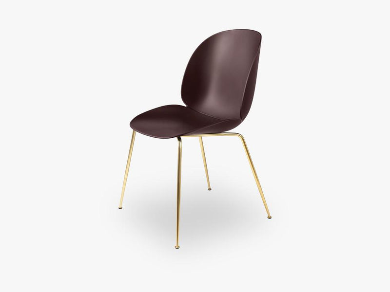 Beetle Dining Chair - Un-upholstered Conic Brass base, Dark Pink shell