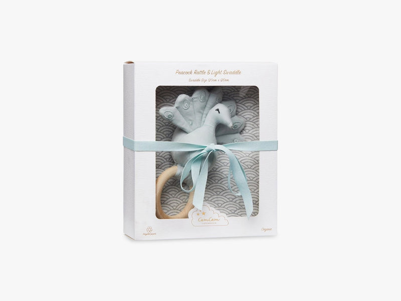 Gift Box w/ Printed Swaddle and Peacock Rattle, Grey Wave