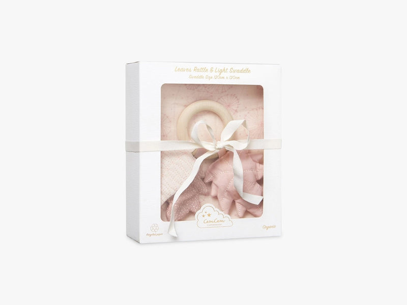 Gift Box w/ Printed Swaddle and Leaves Rattle, Dandelion Rose