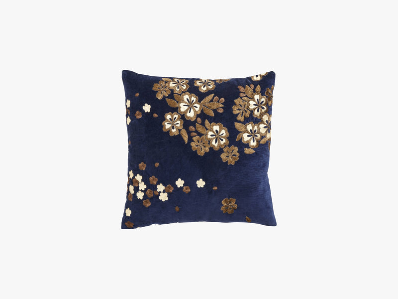 Cushion cover w/emb flowers, dark blue