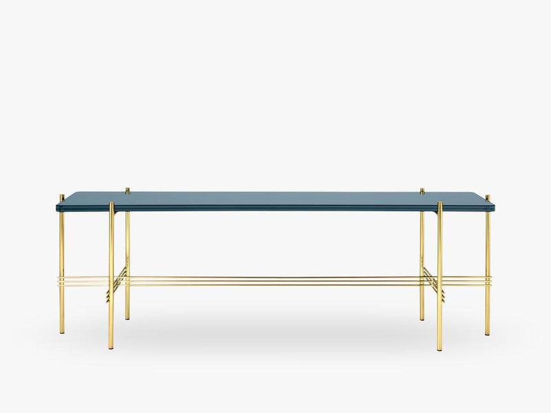 TS Console - 1 rack Brass base, glass grey blue top