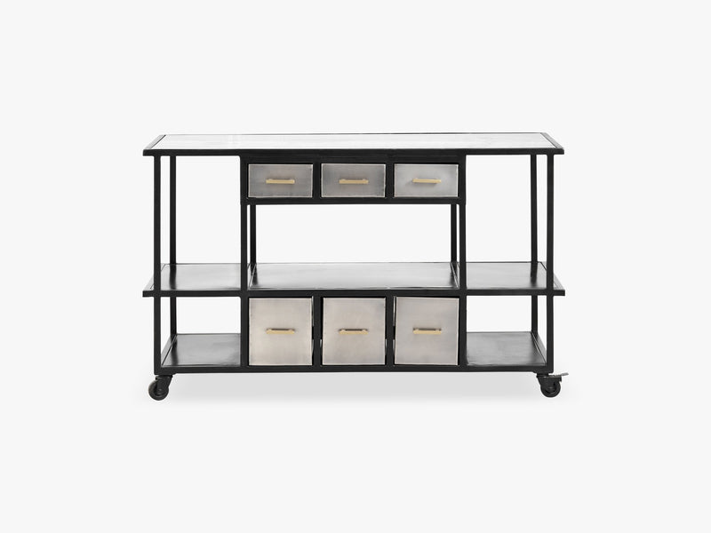 Iron console w/drawers, marble top, grey