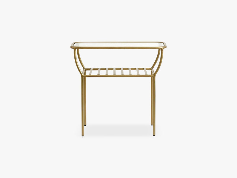 Side table, golden, w/glass plate, bars