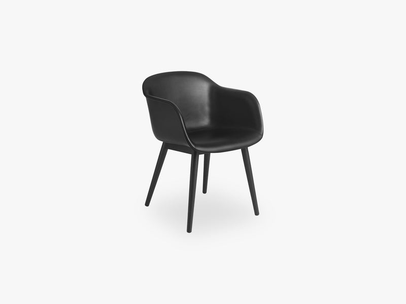 Fiber Armchair - Wood Base - Leather Shell, Silk Leather - Black/Black