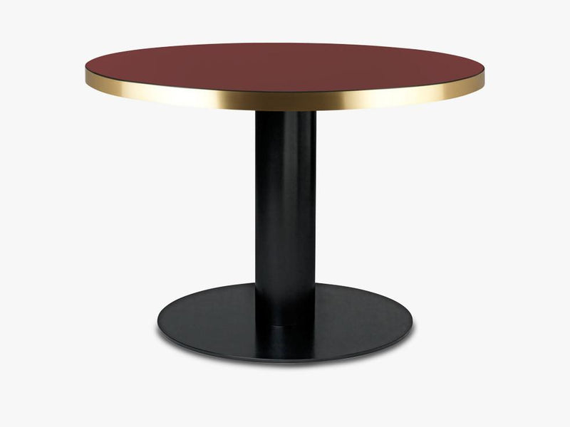 GUBI 2.0 Dining Table - Round - Dia 110 Brass Base, Glass Cherry Red Top