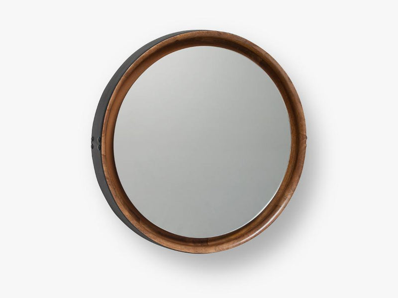 Sophie Mirror - Large Ø61, Natural mango wood with black leather rim