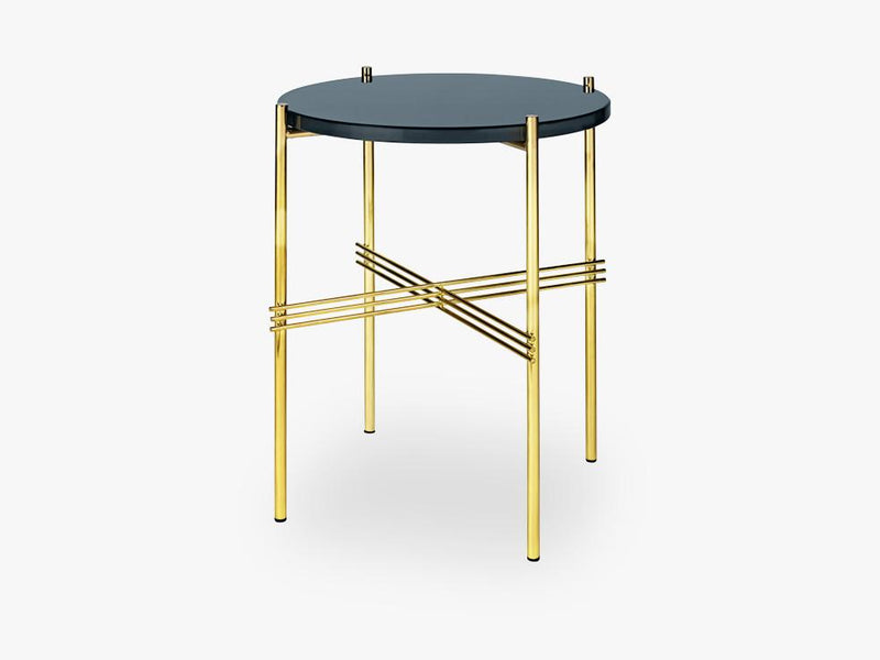 TS Coffee Table - Dia 40 Brass base, glass grey blue top