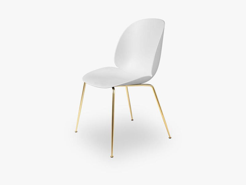 Beetle Dining Chair - Un-upholstered Conic Brass base, White shell